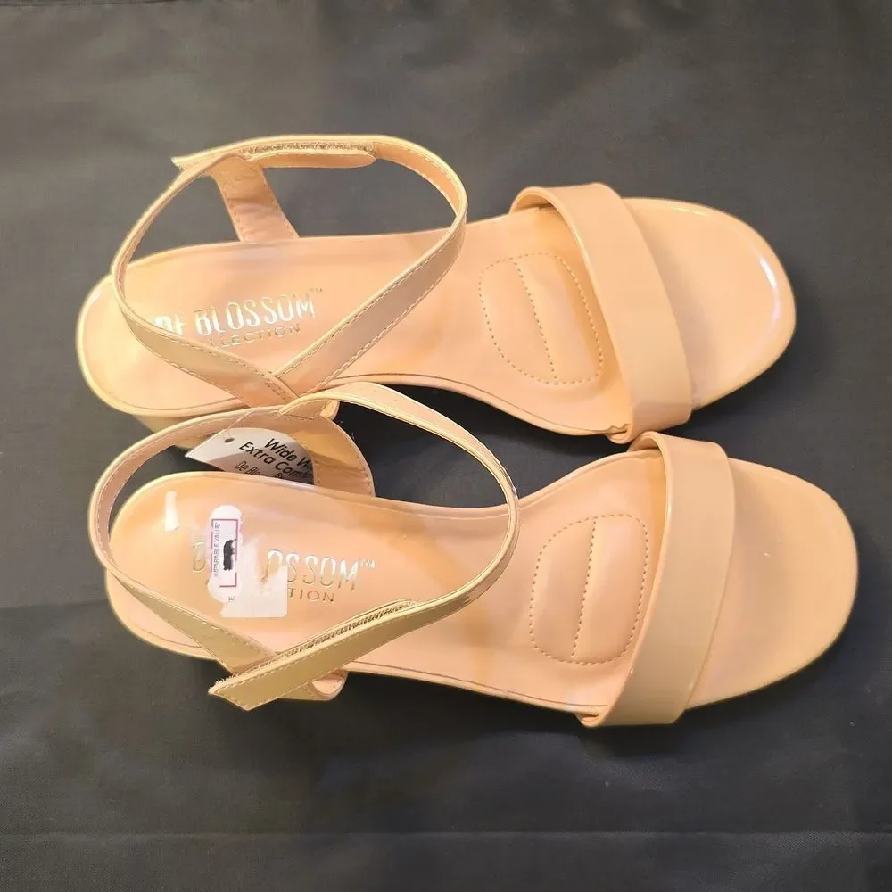 Cream Block Heel Shoes with Ankle Strap
